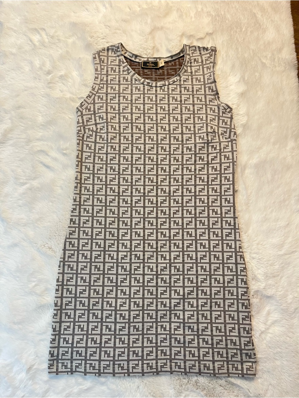 Authentic Fendi VINTAGE Tan and Brown Sleeveless Logo Shift Dress SIZE 40